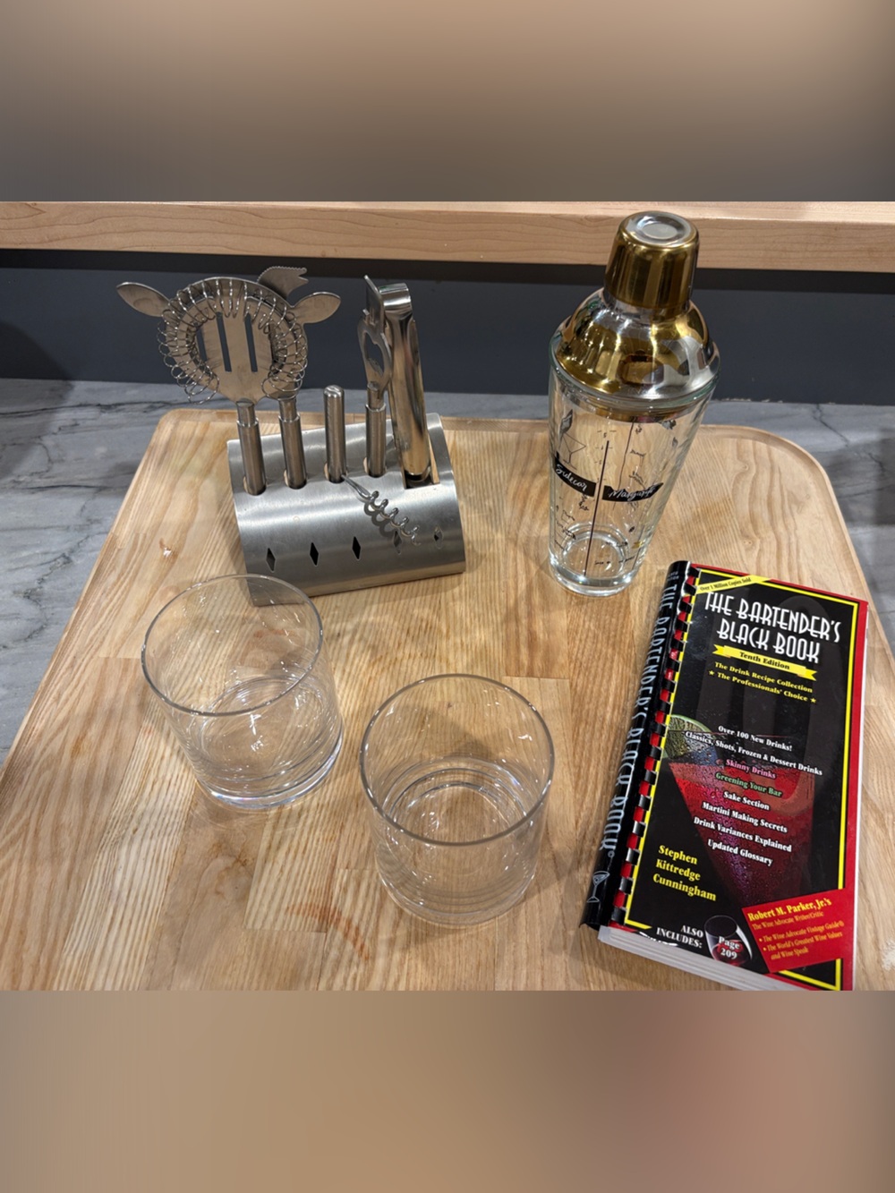 Cocktail Barware Bundle Shaker 2 Rocks Glasses Tools Stand & Recipe Book